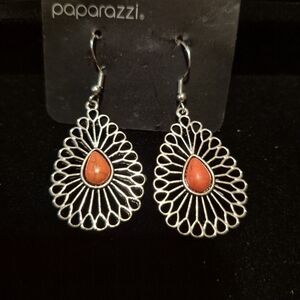 paparazzi Silver Teardrop Filigree Earrings with Orange Center